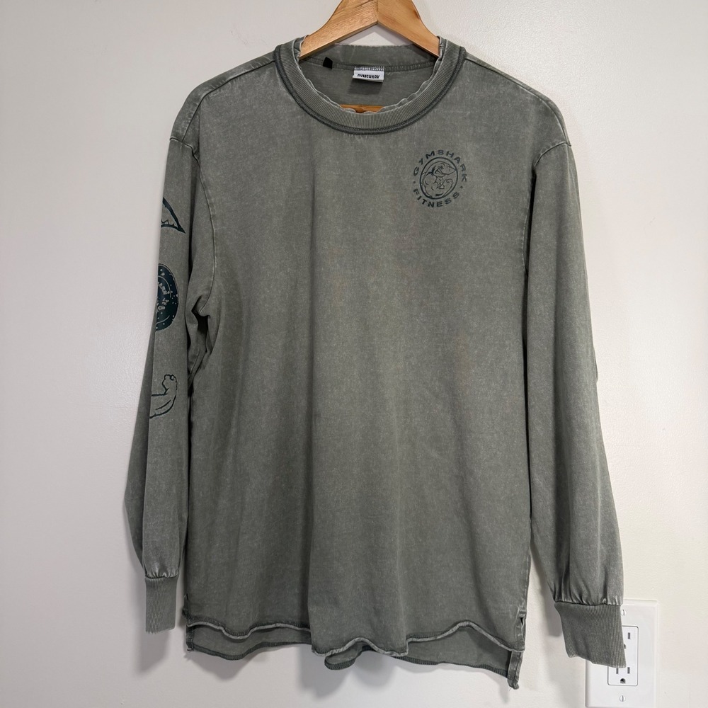 Gymshark Fitness Long Sleeve Shirt Mens Medium Green Acid Wash Graphic Tee
